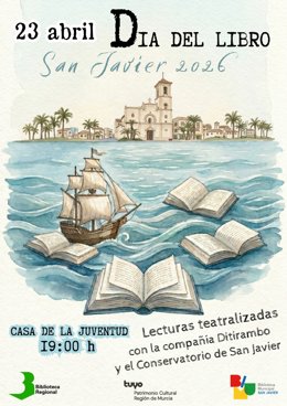 Cartel del Día del Libro, que la Biblioteca Regional celebrará en San Javier.