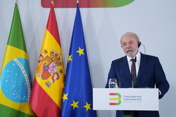O presidente do Brasil, Luiz Inácio Lula da Silva, durante a realização da I Cúpula Espanha-Brasil, em 17 de abril de 2026, em Barcelona, Catalunha (Espanha). Sánchez e Lula se reúnem em Barcelona para celebrar a primeira cúpula bilateral Espanha-Brasil