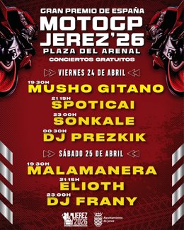 Cartel de las actividades programadas con motivo del Gran premio de España de Motociclismo en la Plaza del Arenal de Jerez de la Frontera (Cádiz).