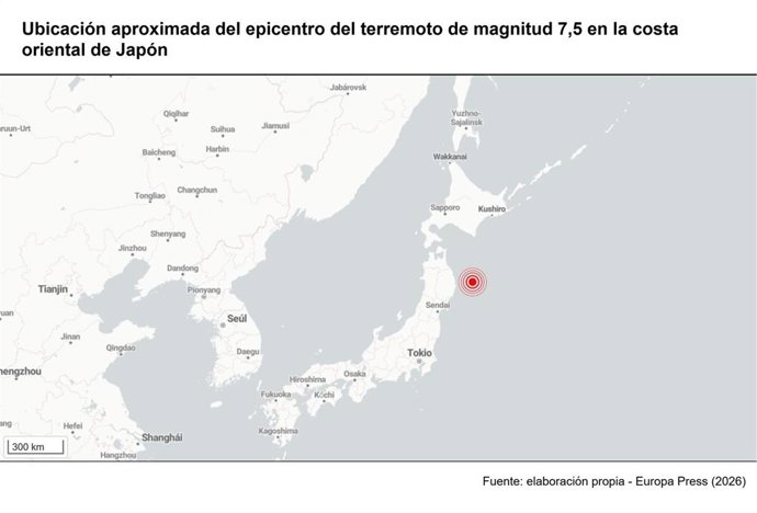 Ubicación aproximada del epicentro del terremoto de magnitud 7,5 en la costa oriental de Japón