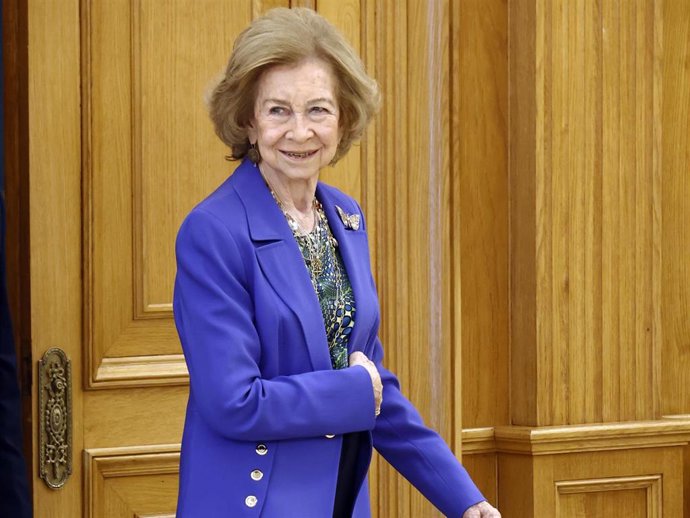 La Reina Sofía durante la audiencia a una representación de la Asociación Visión y Vida con motivo de su 70 aniversario, en el Palacio de la Zarzuela