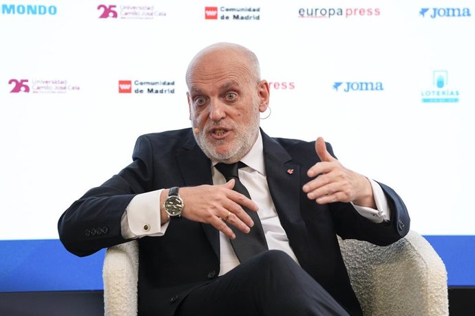 Archivo - Javier Tebas, President of LaLiga, during the Desayunos Deportivos Europa Press with Javier Tebas, President of LaLiga, at Camilo Jose Cela University on January 13, 2026, in Madrid, Spain.
