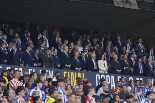 Milagros Tolon, Juanma Moreno, King Felipe VI of Spain, Luis de la Fuente, Enrique Cerezo, Isabel Diaz Ayuso, Jose Luis Martinez-Almeida during the Spanish Cup, Copa del Rey, Final match played between Atletico de Madrid and Real Sociedad at La Cartuja st