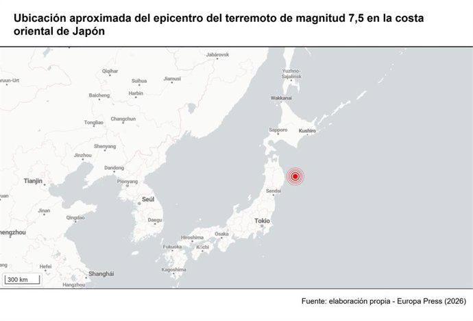 Ubicación aproximada del epicentro del terremoto de magnitud 7,5 en la costa oriental de Japón