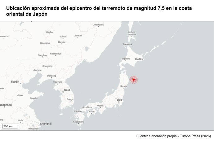 Localização aproximada do epicentro do terremoto de magnitude 7,5 na costa leste do Japão