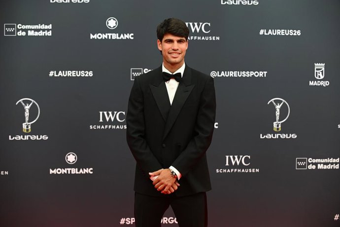 Carlos Alcaraz durante a cerimônia de entrega do Laureus World Sports Awards 2026, realizada na Galeria de Cristal do Palácio de Cibeles, em 20 de abril de 2026, em Madri (Espanha). Madri volta a ser o epicentro do esporte mundial