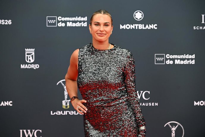 La tenista bielorrusa Aryna Sabalenka durante la gala de entrega de los Laureus World Sports Awards 2026 que se celebran en la Galería de Cristal del Palacio de Cibeles, a 20 de abril de 2026, en Madrid (España). Madrid se convierte nuevamente en el epice
