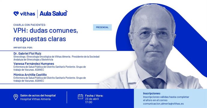 Cartel de la charla-coloquio 'VPH: dudas comunes, respuestas claras', organizada por el Hospital Vithas Almería.