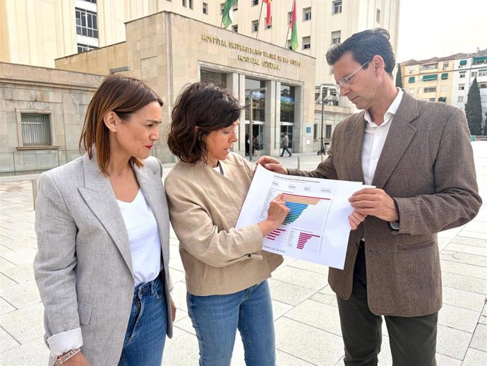 La candidata número tres del PSOE de Granada al Parlamento andaluz, María de los Ángeles Prieto, junto al Hospital Universitario Virgen de las Nieves, con los también candidatos Olga Manzano y Paco Cuenca.