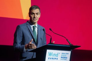 El presidente del Gobierno, Pedro Sánchez, durante la inauguración de WindEurope 2026, a 21 de abril de 2026, en Madrid (España). WindEurope 2026 es el evento anual de la industria eólica europea que se celebra este año en Madrid desde el 21 hasta el 24 d