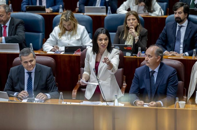 La consejera de Educación, Ciencia y Universidades de la Comunidad de Madrid, María Mercedes Zarzalejo (c), durante el Pleno de la Asamblea de Madrid, a 9 de abril de 2026, en Madrid (España). La Asamblea de Madrid aprueba hoy con la mayoría absoluta del 