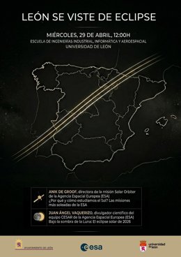 Cartel de la jornada divulgativa 'León se viste de eclipse' que la Agencia Espacial Europea (ESA) llevará a cabo en la Universidad de León el próximo día 29 de abril.