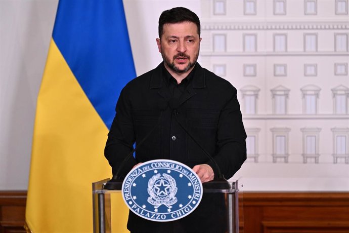 El presidente ucraniano, Volodimir Zelenski, en rueda de prensa desde Roma. 
