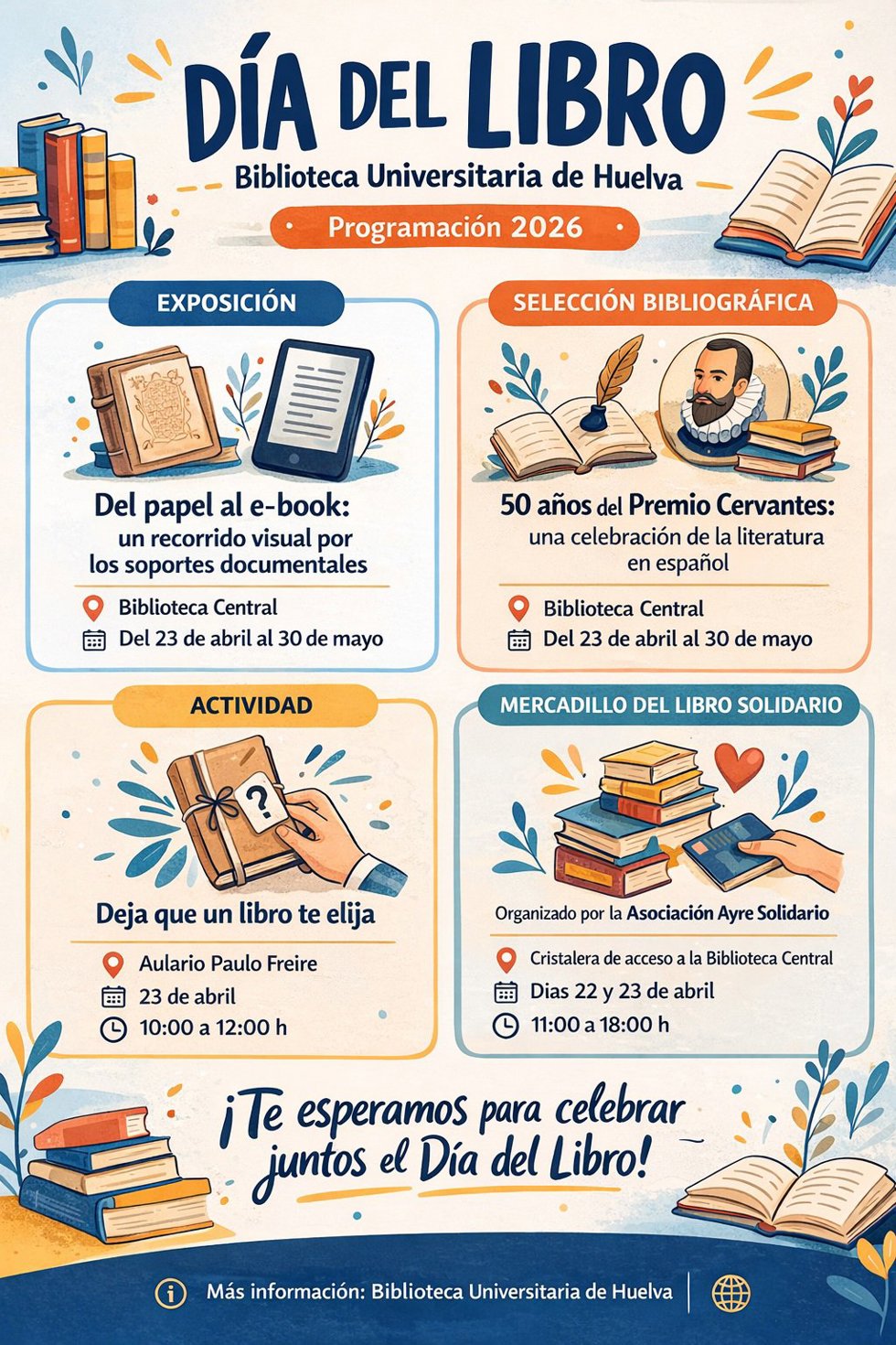 Infigrafía de las actividades del Día del Libro de la Universidad de Huelva.