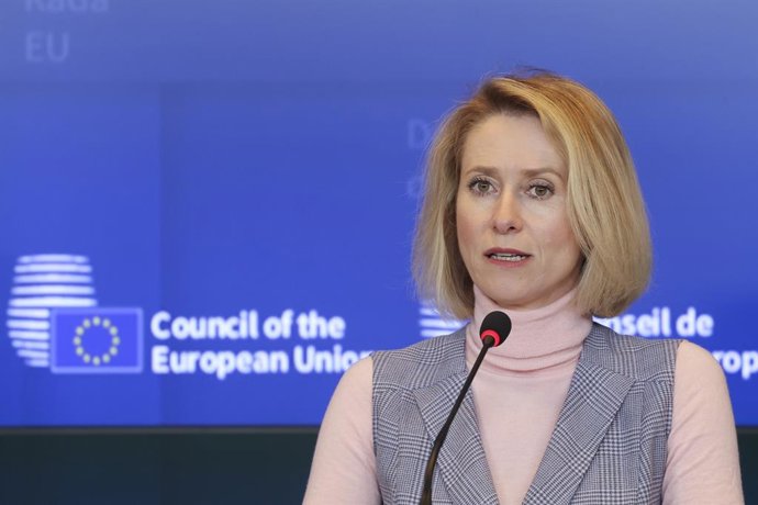 La Alta Representante de la Unión Europea para Política Exterior, Kaja Kallas, en una rueda de prensa tras el Consejo de Asuntos Exteriores (CAE) celebrado este martes en Luxemburgo.