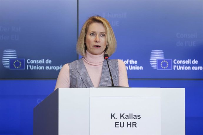 La Alta Representante de la Unión Europea para Política Exterior, Kaja Kallas, en una rueda de prensa tras el Consejo de Asuntos Exteriores (CAE) celebrado este martes en Luxemburgo.