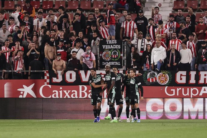 Abde Ezzalzouli of Real Betis Balompie celebrates a goal with teammates during the Spanish league, LaLiga EA Sports, football match played between Girona FC and Real Betis at Montilivi stadium on April 21, 2026 in Girona, Spain.