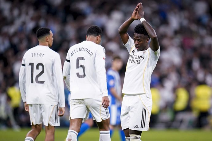 Vinicius Junior of Real Madrid CF celebrates a goal during the Spanish League, LaLiga EA Sports, football match played between Real Madrid CF and Deportivo Alaves at Bernabeu stadium on April 21, 2026, in Madrid, Spain.