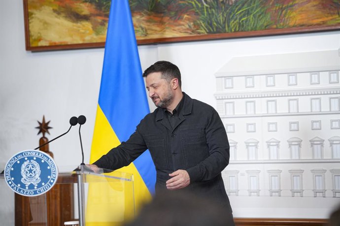 Roma, Roma, IT: Roma, encontro no Palazzo Chigi entre a primeira-ministra, Giorgia Meloni, e o presidente da Ucrânia, Volodymyr Zelensky. Na foto: Giorgia Meloni, Volodymyr Zelensky