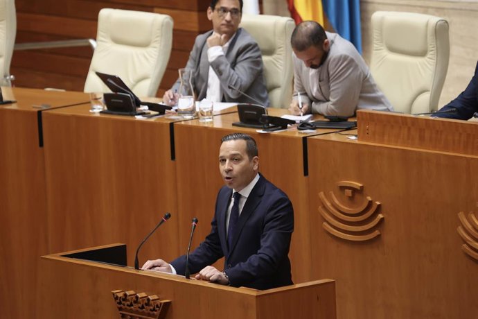 El presidente-portavoz de Vox en la Asamblea de Extremadura, Óscar Fernández Calle, en su intervención en el debate de investidura de María Guardiola