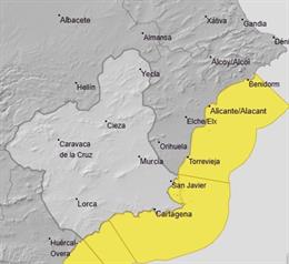 La Aemet activa el aviso amarillo por fenómenos costeros en todo el litoral de la Región de Murcia para este jueves