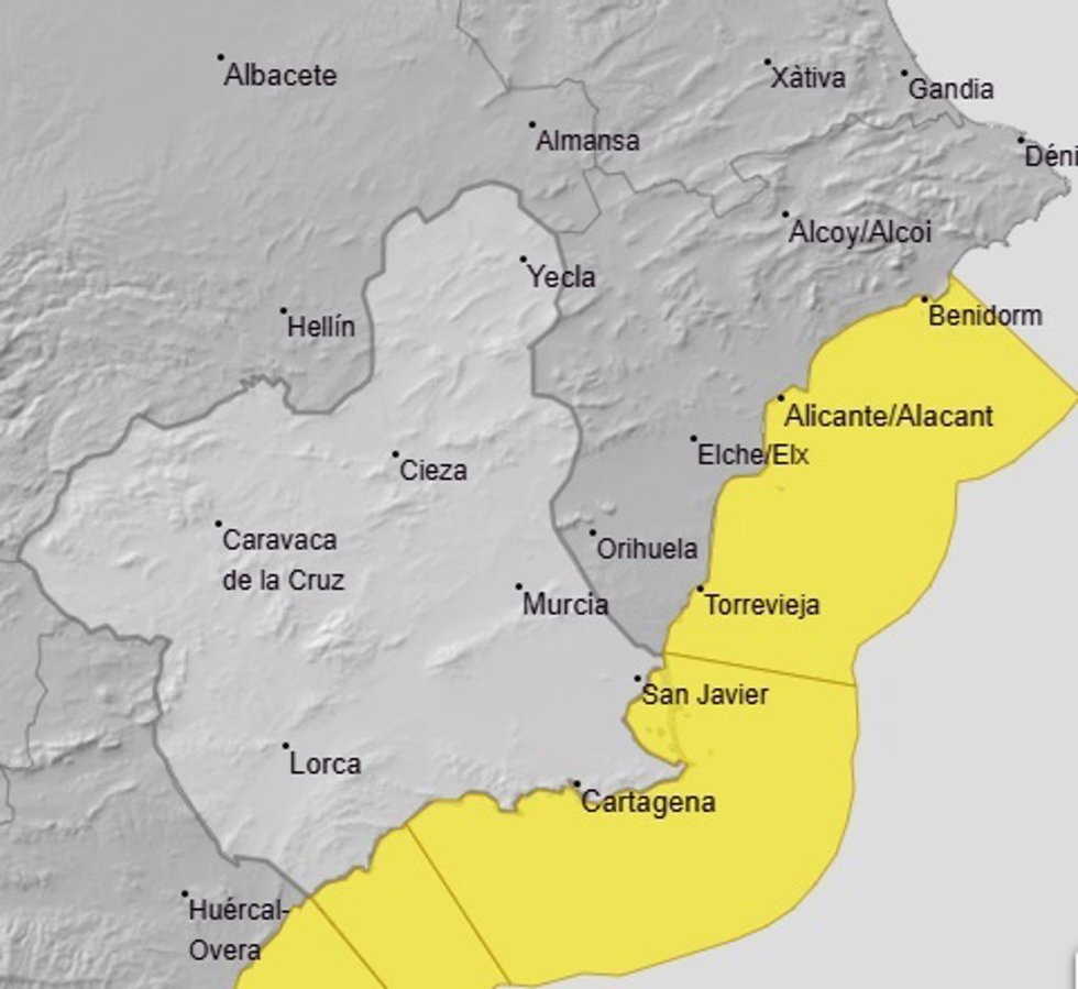 La Aemet activa el aviso amarillo por fenómenos costeros en todo el litoral de la Región de Murcia para este jueves