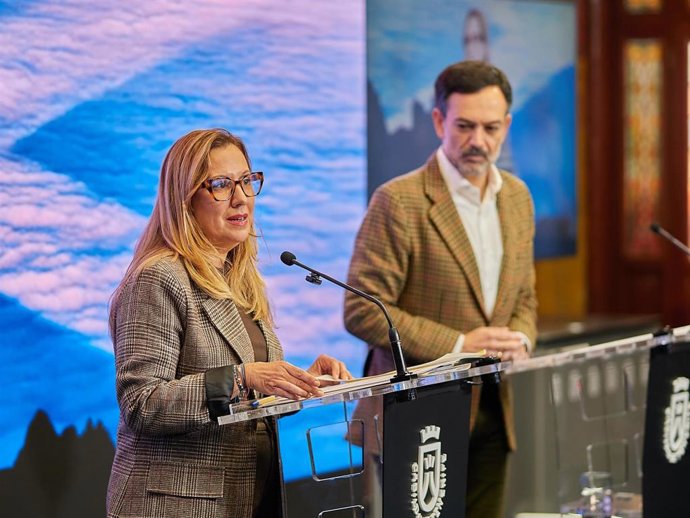 La presidenta del Cabildo de Tenerife, Rosa Dávila, y el vicepresidente, Lope Afonso, en una rueda de prensa para dar cuenta de los acuerdos del Consejo de Gobierno