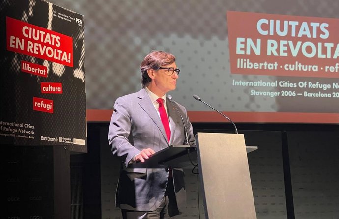 El presidente de la Generalitat, Salvador Illa, en su intervención de cierre de la Asamblea General de la Red Internacional de Ciudades de Refugio (ICORN) 2026, en Barcelona