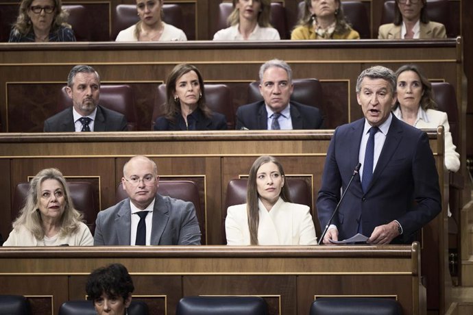 El presidente del PP, Alberto Núñez Feijóo, la portavoz del PP en el Congreso, Ester Múñoz, y el secretario general del Partido Popular, Miguel Tellado,durante una sesión plenaria en el Congreso, a 22 de abril de 2026, en Madrid (España). 