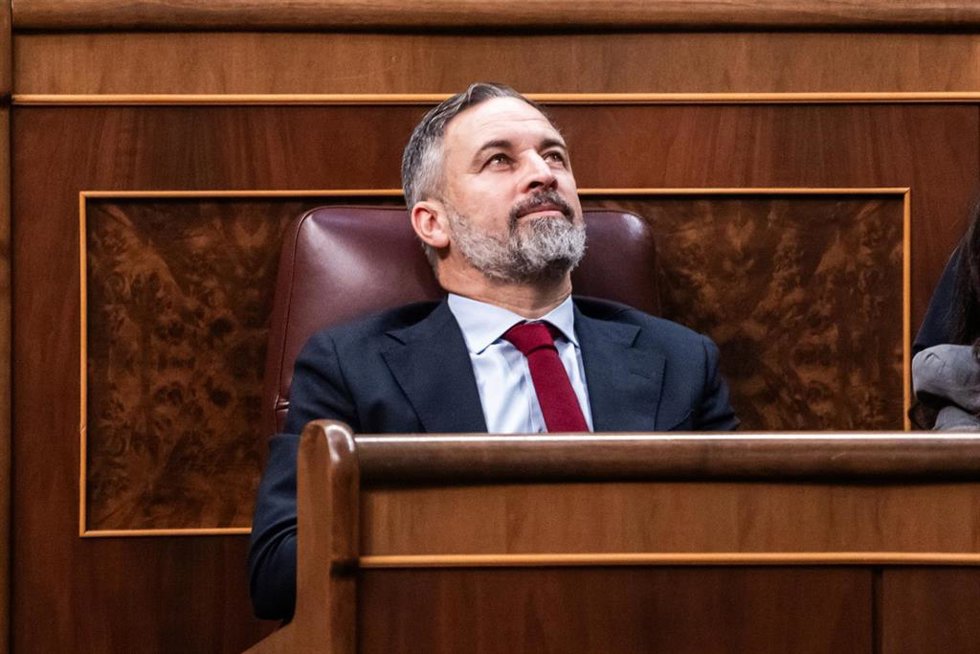 El presidente de Vox, Santiago Abascal, durante una sesión plenaria, en el Congreso de los Diputados.