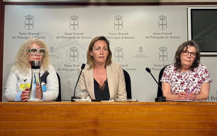 Nuria Baragaño, delegada de personal de Autobuses de Langreo; Delia Campomanes, diputada de Convocatoria por Asturies IU; y Luz García, secretaria general de FSC-CCOO Asturias, durante una rueda de prensa sober la huelga de transportes del Nalón. Archivo.