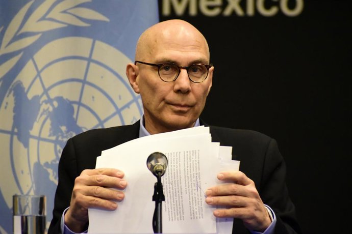 UN High Commissioner for Human Rights Volker Turk speaks during press conference as part of his working visit to Mexico at the Spain-Mexico Cultural center. on April 22, 2026, in Mexico City, Mexico.