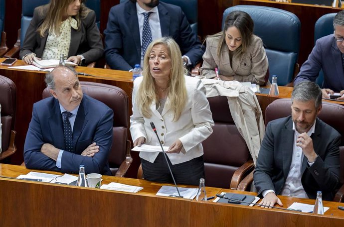 La consejera de Economía, Hacienda y Empleo de la Comunidad de Madrid, Rocío Albert (c), durante el Pleno de la Asamblea de Madrid, a 9 de abril de 2026, en Madrid (España). 