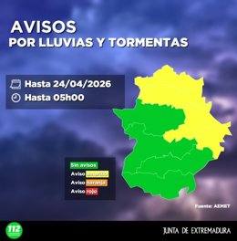 Aviso por lluvias y tormentas en Extremadura