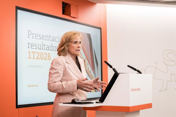 La consejera delegada de Bankinter, Gloria Ortiz, durante la presentación de los resultados correspondientes al primer trimestre de 2026, en la sede central del banco, a 23 de abril de 2026.