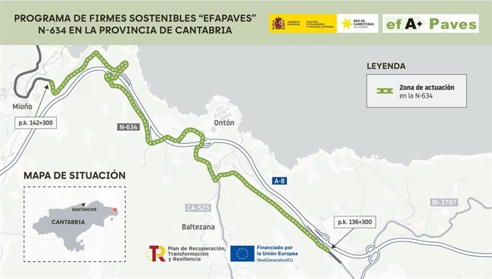 Transportes rehabilita con firmes sostenibles seis kilómetros de la N-634 en Ontón