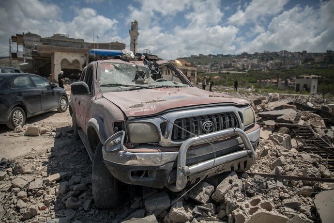 April 21, 2026, Mansouri, Lebanon: A damaged vehicle in the village of Mansouri, in southern Lebanon. A fragile ceasefire was declared on April 16, after almost 2,300 people in Lebanon were killed by Israeli attacks since March 2, but many Lebanese are wo