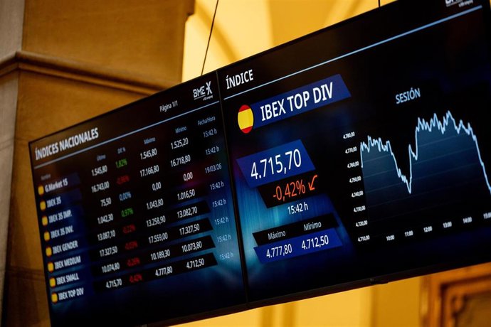 Archivo - Paneles informativos en el Palacio de la Bolsa de Madrid, a 20 de marzo de 2026, en Madrid (España). 