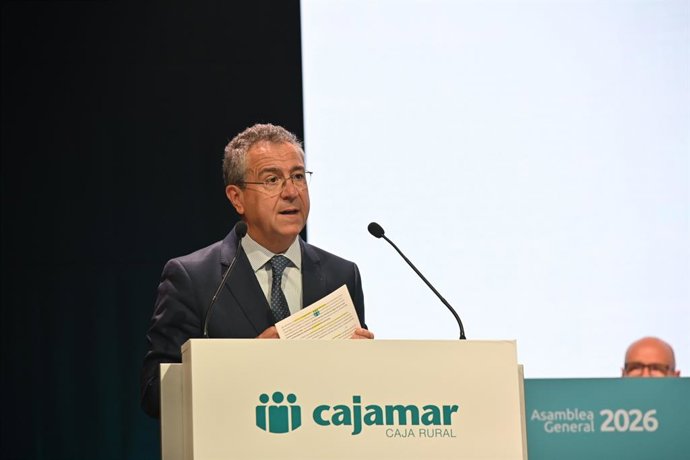 El presidente de Cajamar, Eduardo Baamonde, durante la asamblea general de delgados de la entidad. A 23 de abril de 2026.
