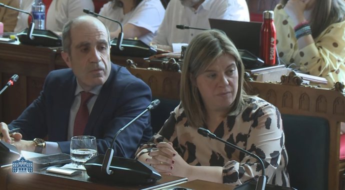 La consejera de Presidencia, Reto Demográfico, Igualdad y Turismo, Gimena Llanedo, y el director general de Empleo Público, Miguel Ángel Rodríguez, durante la comparencia en la Junta General.