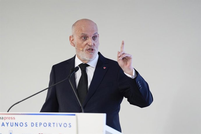 Archivo - Javier Tebas, President of LaLiga, during the Desayunos Deportivos Europa Press with Javier Tebas, President of LaLiga, at Camilo Jose Cela University on January 13, 2026, in Madrid, Spain.