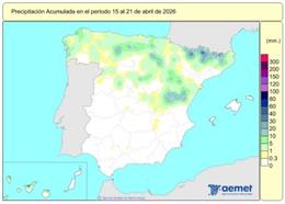 España acumula 532 l/m2 de lluvias acumuladas desde el 1 de octubre de 2025, un 19% más que lo habitual.