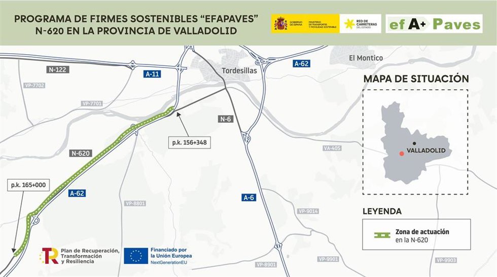 Tramo obras de rehabilitación del firme de la carretera N-620 entre Tordesillas y Pollos (Valladolid).