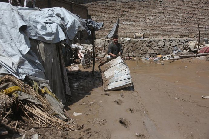 KABUL, April 14, 2026  -- This photo taken on April 13, 2026 shows a scene at a flood-affected area in Nangarhar province, Afghanistan. Nearly 200 people have been killed due to rainstorms and flooding across Afghanistan over the past 18 days, a spokesman
