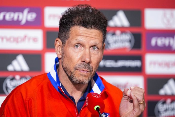 Diego Simeone, head coach of Atletico de Madrid, attends during press conference before the Final Copa de Rey, football match between Atlético de Madrid and Real Sociedad at La Cartuja Stadium on April 17, 2026 in Sevilla, Spain