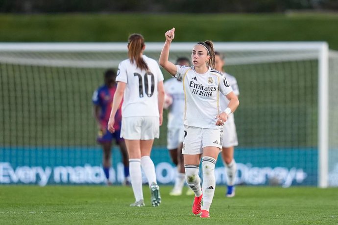 Athenea del Castillo of Real Madrid celebrates a goal scored by Linda Caicedo of Real Madrid during the UEFA Women’s Champions League 2025/26, Quarter-finals first leg football match played between Real Madrid CF and FC Barcelona at Alfredo Di Stefano sta