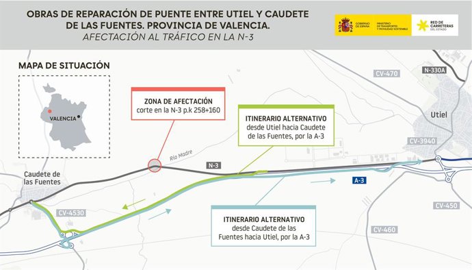 Transports executa els obres de renovació del pont de la N-3 entre Utiel i Caudete de las Fuentes, a València