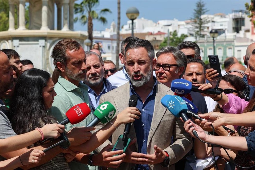 El presidente de Vox, Santiago Abascal, este viernes, en Ayamonte (Huelva)