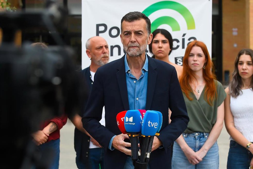 El candidato de Por Andalucía a la Presidencia de la Junta, Antonio Maíllo, en una comparecencia de prensa en Málaga para informar sobre asuntos relacionados con universidades. A 23 de abril de 2026. (Foto de archivo).