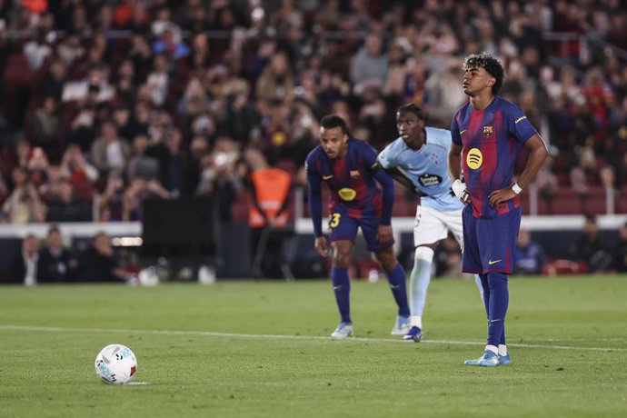Lamine Yamal of FC Barcelona looks on during the Spanish league, LaLiga EA Sports, football match played between FC Barcelona and RC Celta de Vigo at Spotify Camp Nou stadium on April 22, 2026 in Barcelona, Spain.